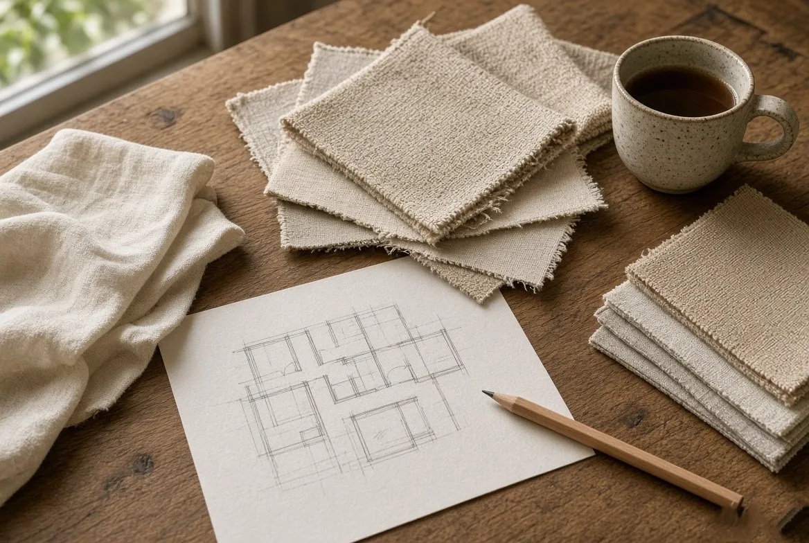 Design advice session — plans and samples on a table