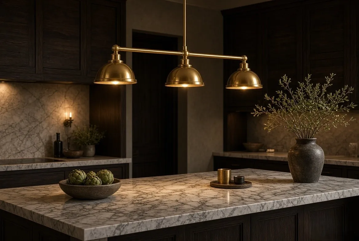 A brass three-light pendant bar glowing above a marble kitchen island