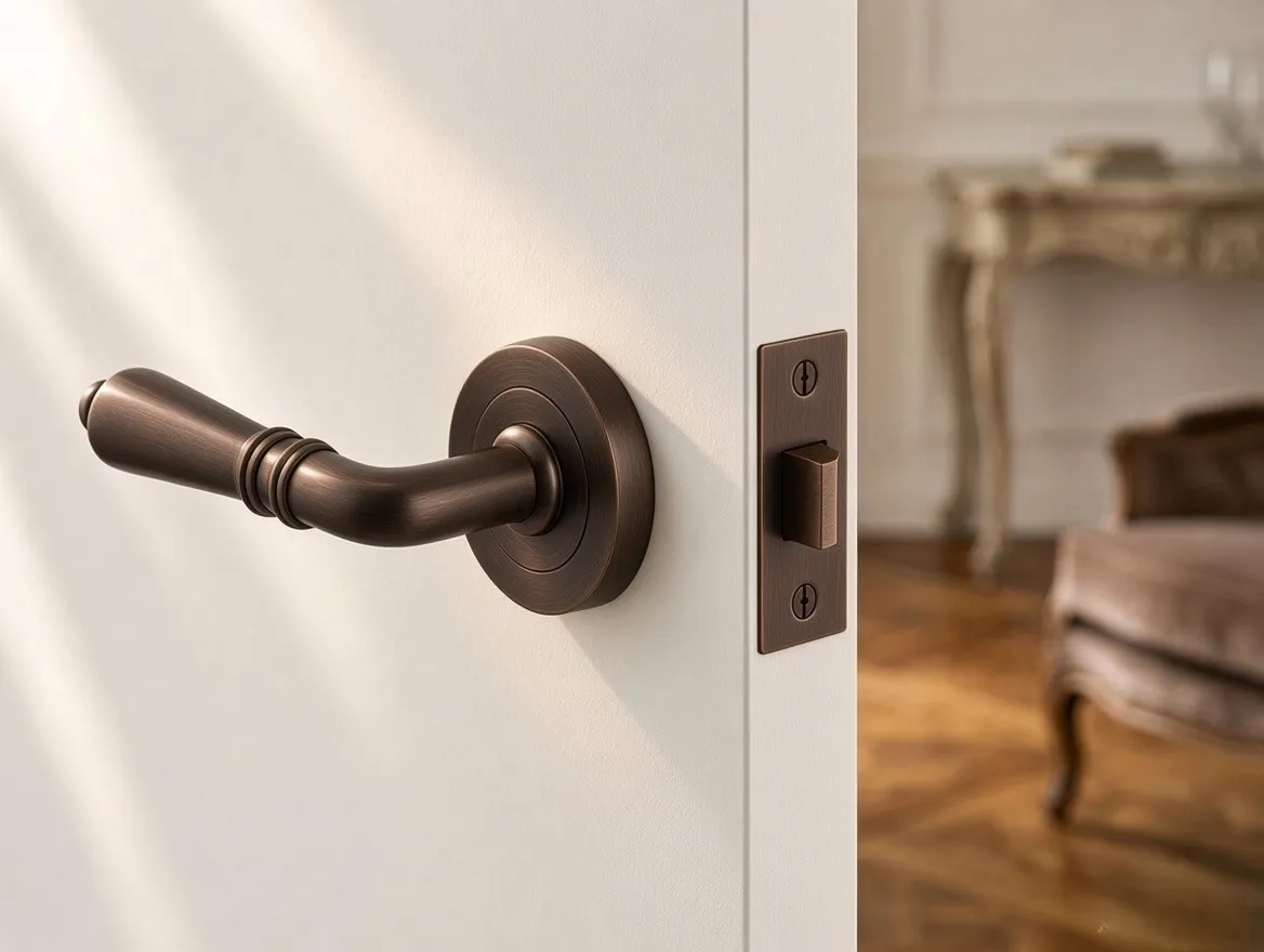 A bronze lever handle on a pale door, ajar onto a styled room
