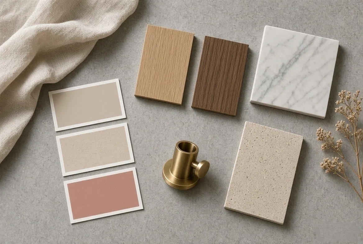 Warm neutral colour and material swatches
