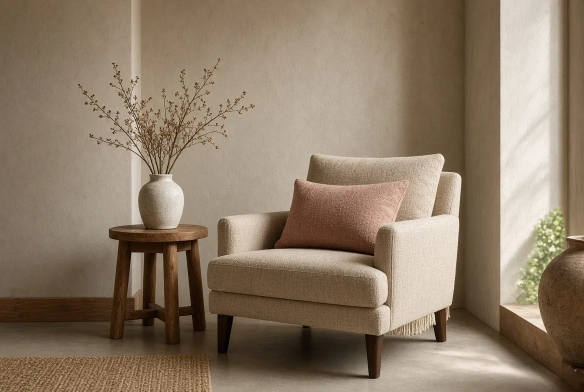 A styled corner with natural light and textiles